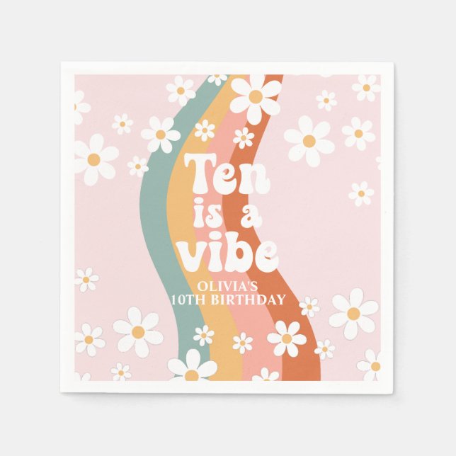 Retro Rainbow Ten is a Vibe Daisy 10th Birthday Napkins (Front)