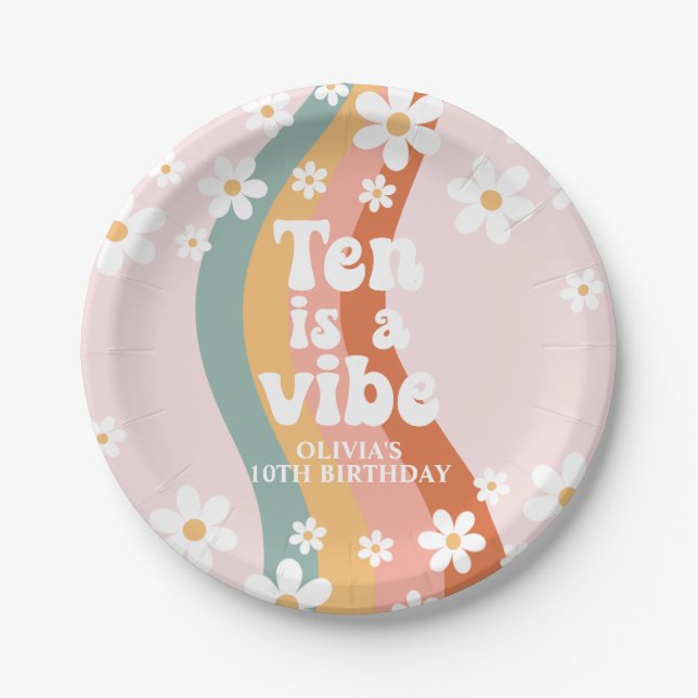 Retro Rainbow Ten is a Vibe Daisy 10th Birthday Paper Plates (Front)