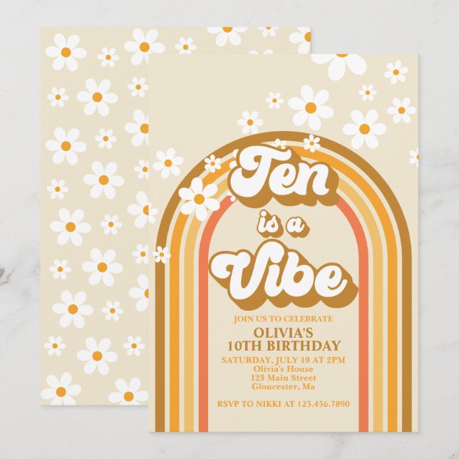 Retro Rainbow Ten is a Vibe Groovy 10th Birthday Invitation (Front/Back)