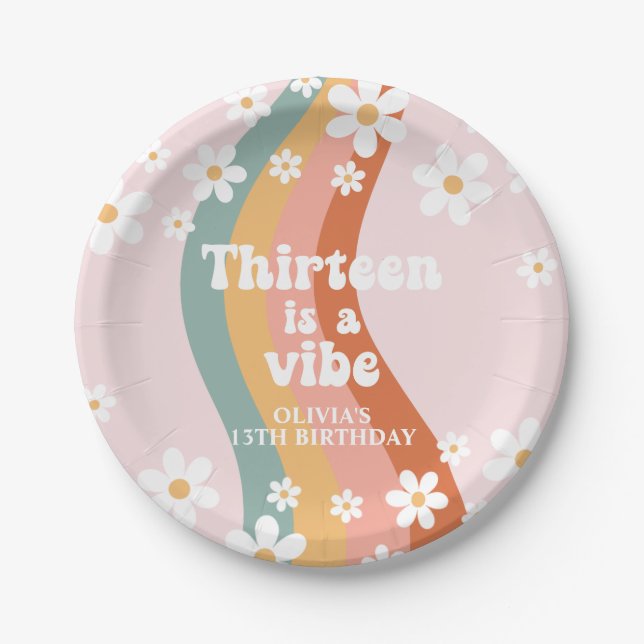 Retro Rainbow Thirteen is a Vibe 13th Birthday Paper Plates (Front)