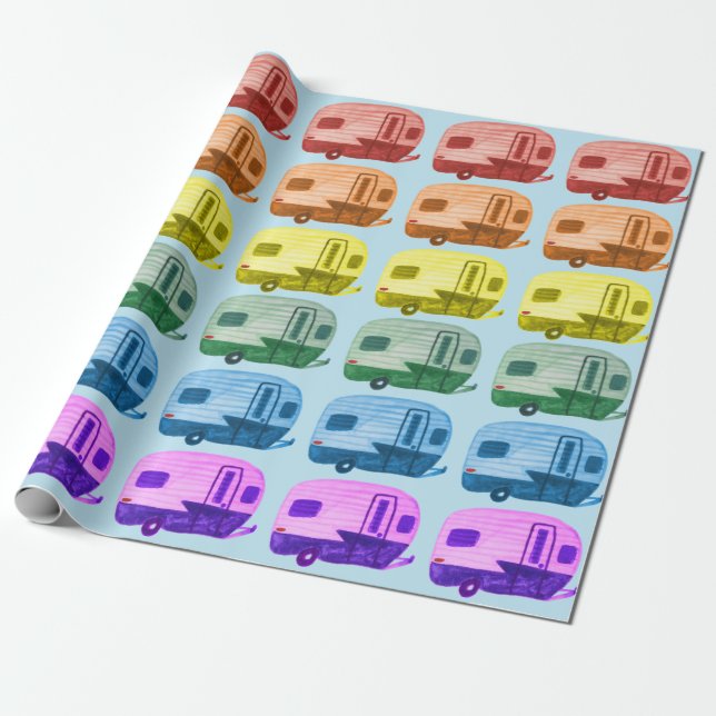 Retro Rainbow Trailers Motorhome RV on Blue Wrapping Paper (Unrolled)