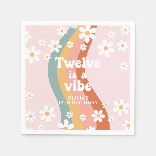 Retro Rainbow Twelve is a Vibe Daisy 12th Birthday Napkins (Front)