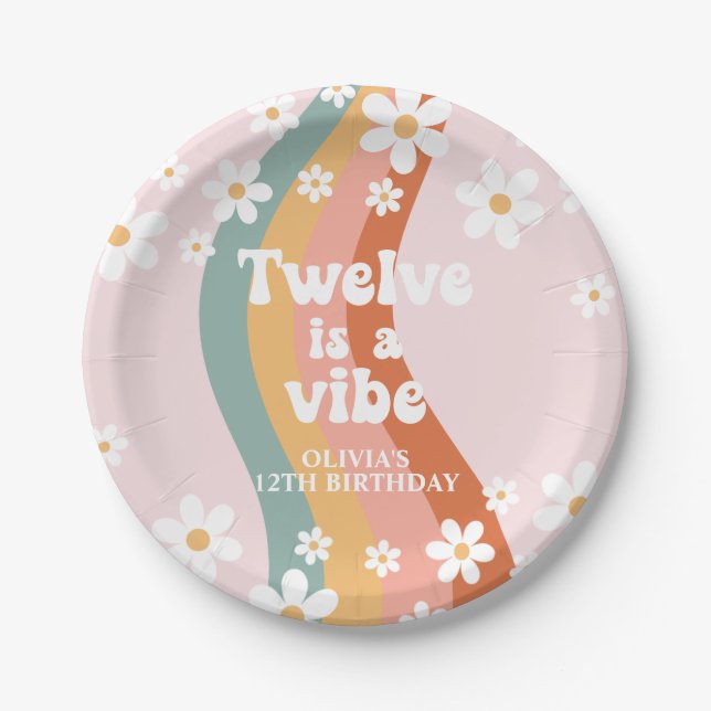Retro Rainbow Twelve is a Vibe Daisy 12th Birthday Paper Plates (Front)