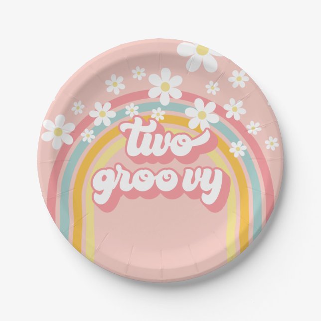 Retro Rainbow Two Groovy 2nd Birthday Paper Plates (Front)