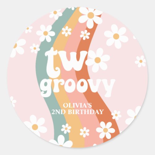 Retro Rainbow Two Groovy Daisy Classic Round Sticker