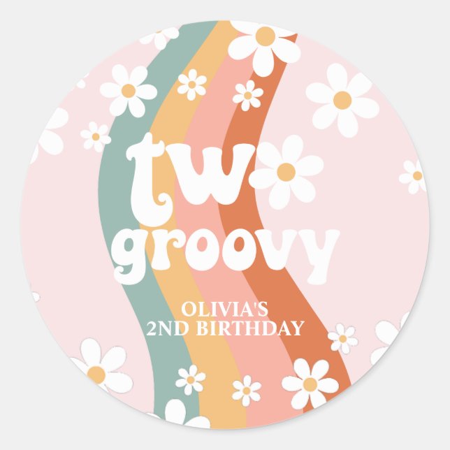 Retro Rainbow Two Groovy Daisy Classic Round Sticker (Front)