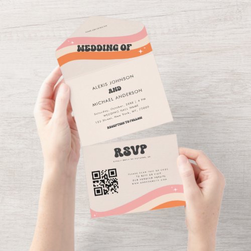 Retro Rainbow  Typography Groovy 60s 70s QR Code All In One Invitation