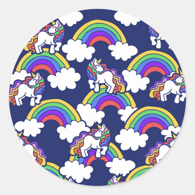 Retro Rainbow Unicorns Classic Round Sticker (Front)