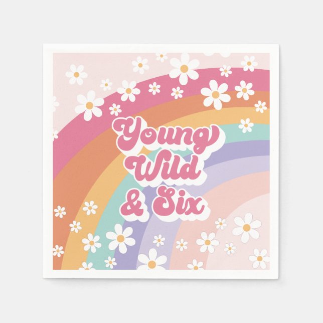 Retro Rainbow Young Wild and Six 6th Birthday Napkins (Front)