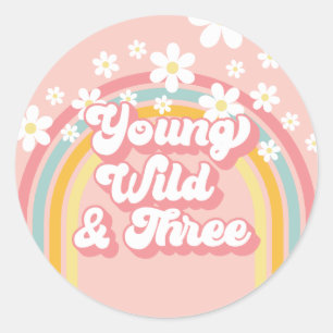 Retro Rainbow Young Wild and Three 3rd Birthday Classic Round Sticker