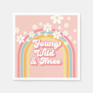 Retro Rainbow Young Wild and Three 3rd Birthday Napkins