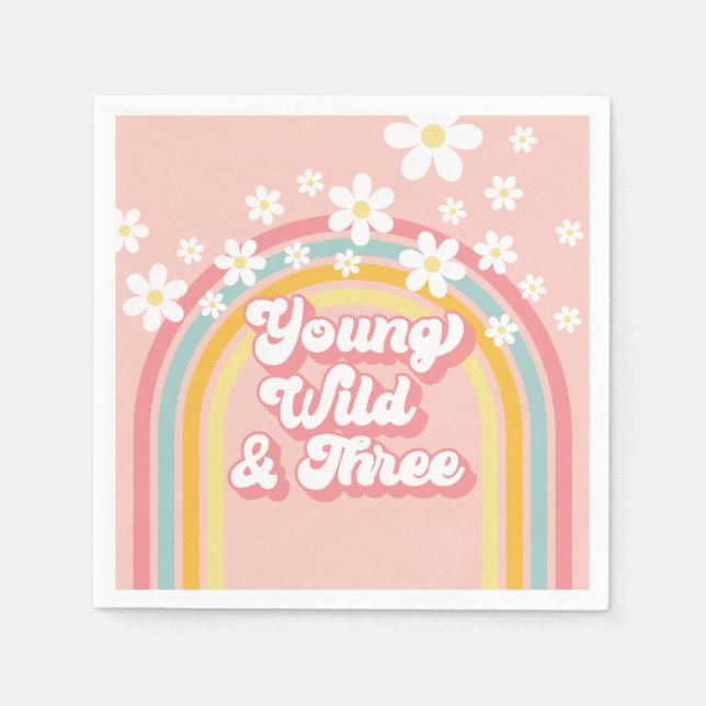 Retro Rainbow Young Wild and Three 3rd Birthday Napkins (Front)