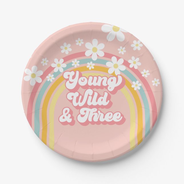 Retro Rainbow Young Wild and Three 3rd Birthday Paper Plates (Front)