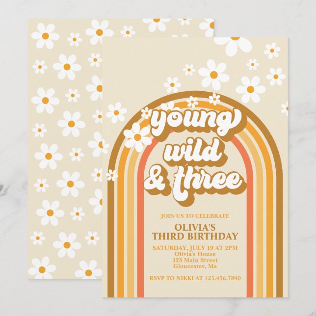 Retro Rainbow Young Wild and Three Birthday Invitation (Front/Back)