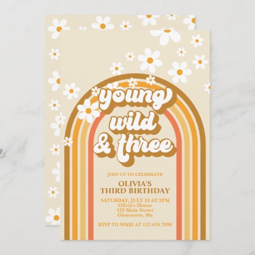 Retro Rainbow Young Wild and Three Birthday Invitation