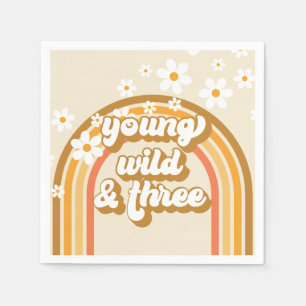 Retro Rainbow Young Wild and Three Birthday Paper  Napkins