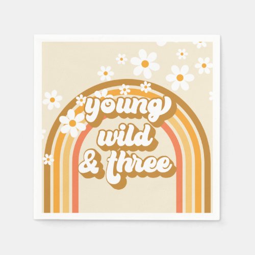 Retro Rainbow Young Wild and Three Birthday Paper  Napkins