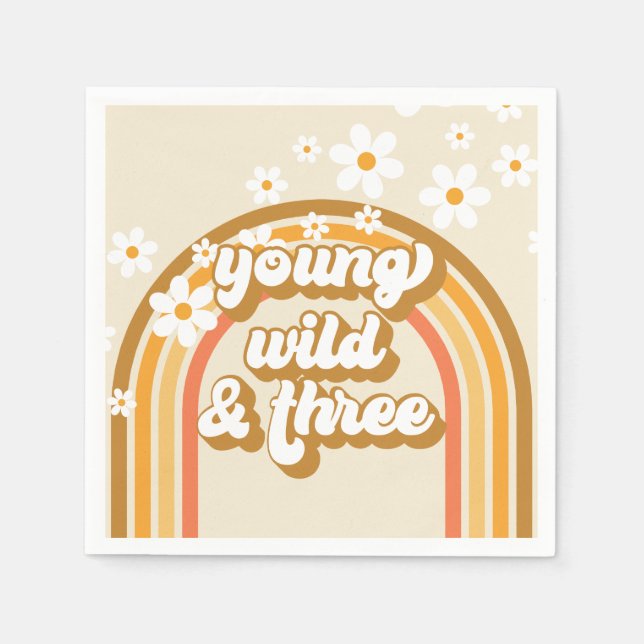 Retro Rainbow Young Wild and Three Birthday Paper  Napkins (Front)