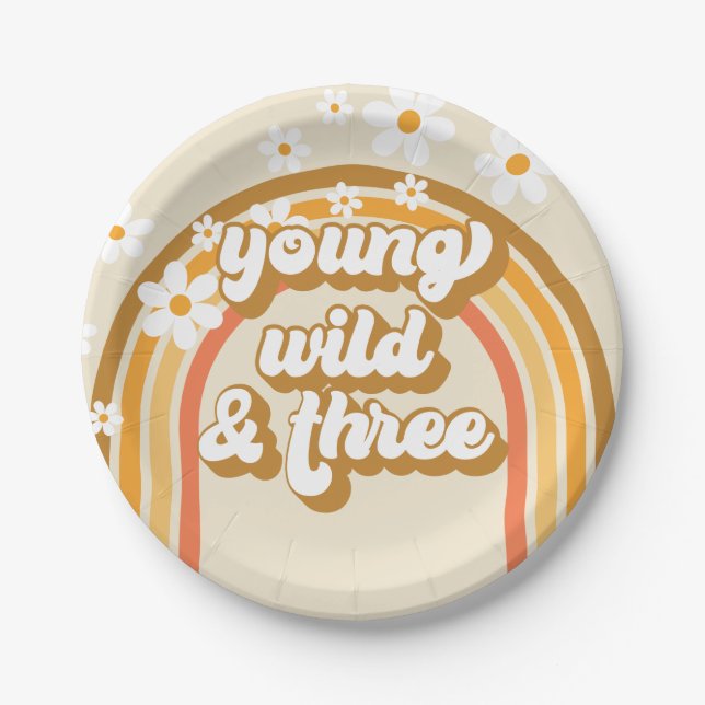 Retro Rainbow Young Wild and Three Birthday Paper Plates (Front)
