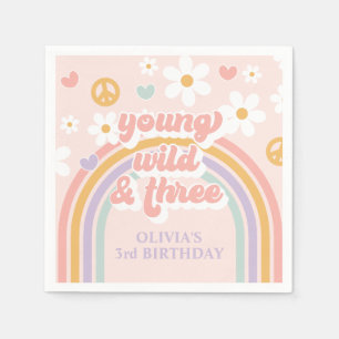 Retro Rainbow Young Wild Three 3rd Birthday Napkins