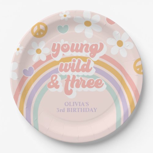 Retro Rainbow Young Wild Three 3rd Birthday Paper Plates