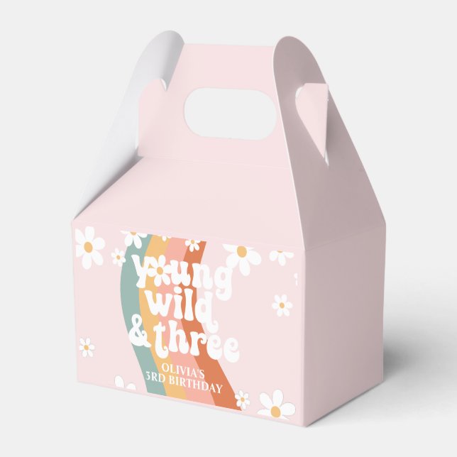 Retro Rainbow Young Wild Three Daisy 3rd Birthday Favor Boxes (Front Side)