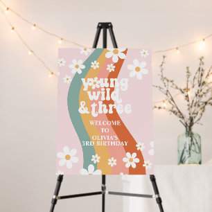 Retro Rainbow Young Wild Three Daisy 3rd Birthday Foam Board