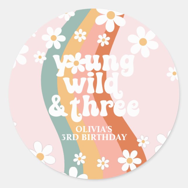 Retro Rainbow Young Wild Three Daisy Classic Round Sticker (Front)