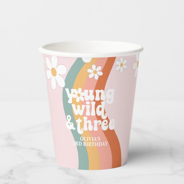Retro Rainbow Young Wild Three Daisy Paper Cups (Front)