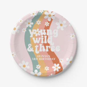 Retro Rainbow Young Wild Three Daisy Paper Plates