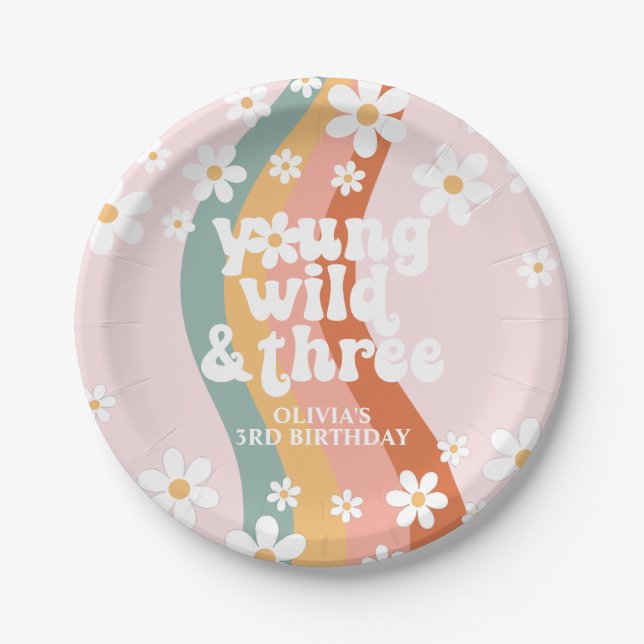 Retro Rainbow Young Wild Three Daisy Paper Plates (Front)
