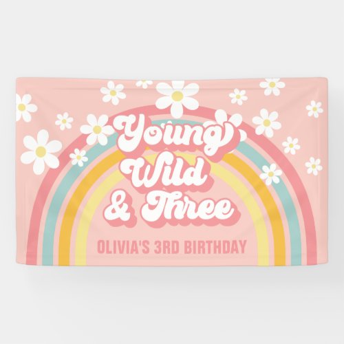 Retro Rainbow Young Wild Three Groovy 3rd Birthday Banner