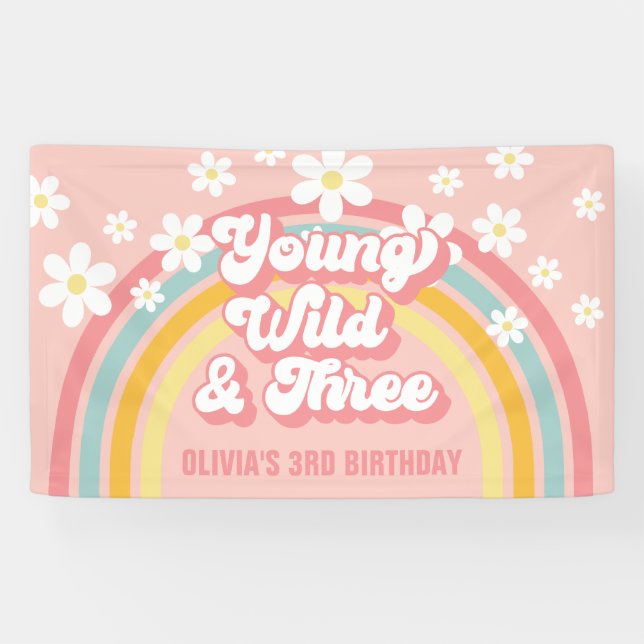 Retro Rainbow Young Wild Three Groovy 3rd Birthday Banner (Horizontal)