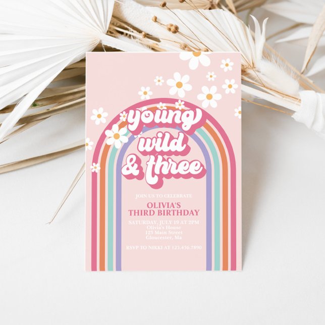 Retro Rainbow Young Wild Three Invitation (Creator Uploaded)