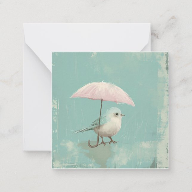 Retro Raindrops: Simple Shapes, Playful Bird Rain Note Card (Front)