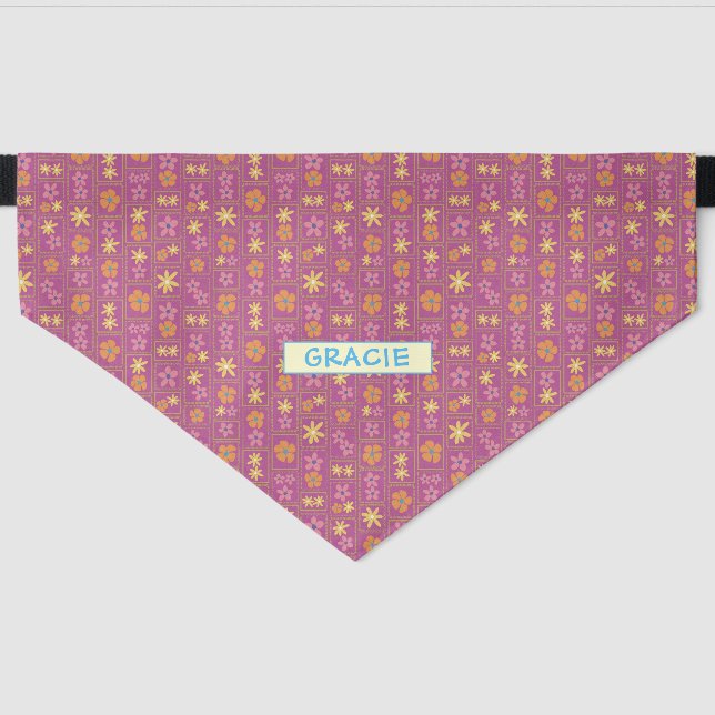 Retro Raspberry Patchwork Floral Custom Large Pet Bandana Collar (Front)