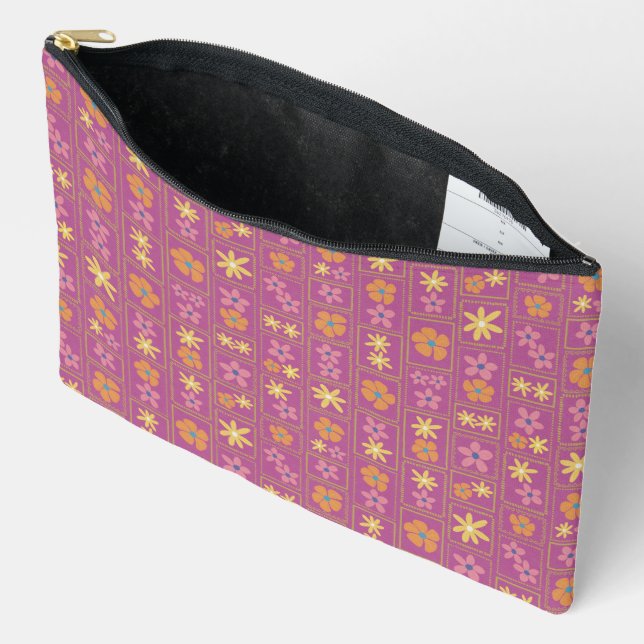 Retro Raspberry Patchwork Floral Large Accessory Pouch (Open)