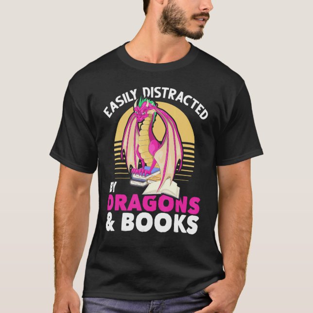 Retro Reading Book Fantasy Dragon Book Dragon T-Shirt (Front)