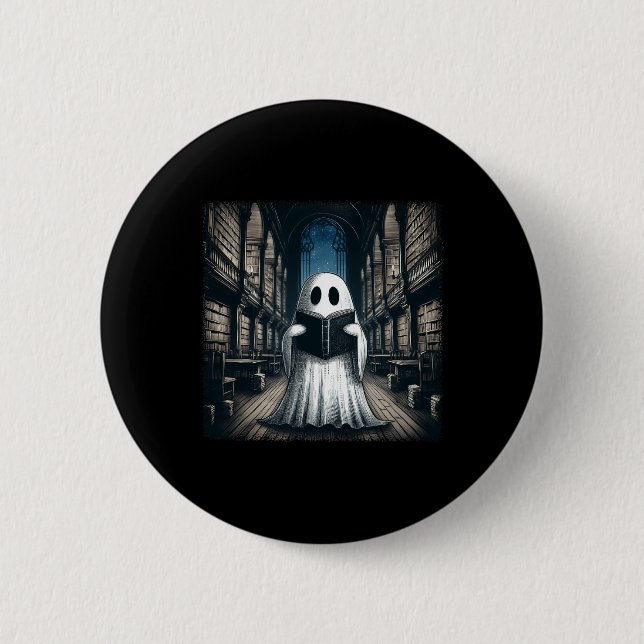 Retro Reading Ghost Library Halloween Librarian Bo Button (Front)