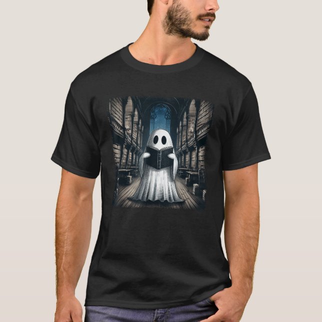 Retro Reading Ghost Library Halloween Librarian Bo T-Shirt (Front)