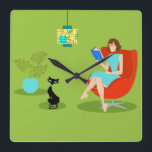 Retro Reading Woman Acrylic Wall Clock<br><div class="desc">This Retro Reading Woman Acrylic Wall Clock features a 1960's style, minimalist art, cartoon drawing of a woman who has her priorities in order. This delightful bookworm is entranced in a real page-turner. The shapely brunette is wearing an aqua dress and red glasses, while holding a blue book. She is...</div>