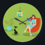 Retro Reading Woman Acrylic Wall Clock<br><div class="desc">This Retro Reading Woman Acrylic Wall Clock features a 1960's style, minimalist art, cartoon drawing of a woman who has her priorities in order. This delightful bookworm is entranced in a real page-turner. The shapely brunette is wearing an aqua dress and red glasses, while holding a blue book. She is...</div>