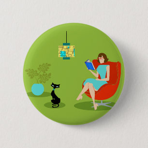 Retro Reading Woman Button