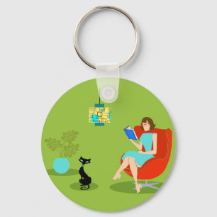 Retro Reading Woman Button Keychain