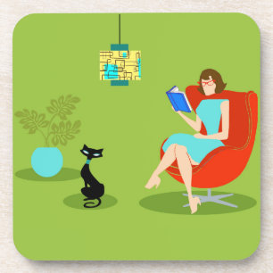 Retro Reading Woman Hard Plastic Coasters