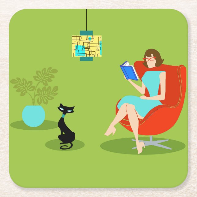 Retro Reading Woman Paper Coaster (Front)