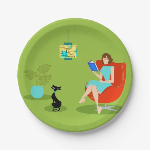 Retro Reading Woman Paper Plate