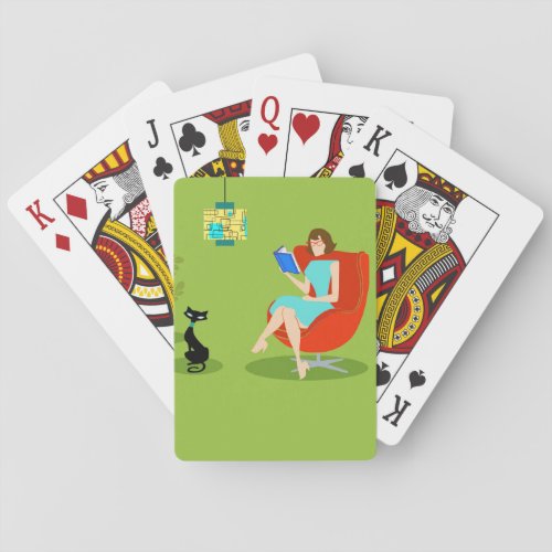 Retro Reading Woman Playing Cards