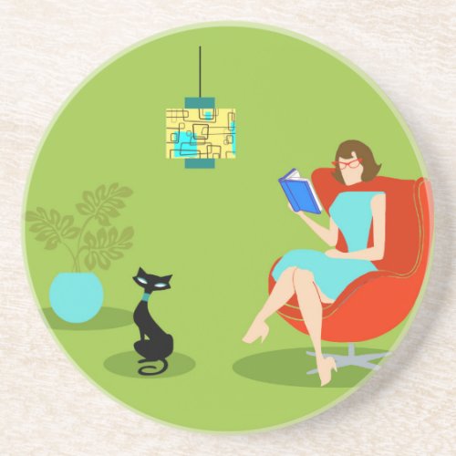 Retro Reading Woman Sandstone Coaster