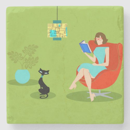 Retro Reading Woman Stone Coaster